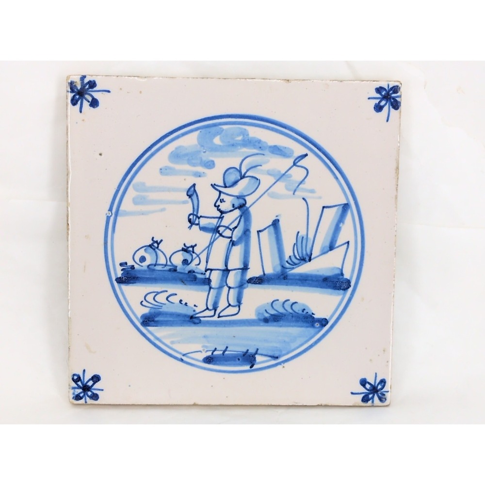 Antique Delft Blue White Wall Tile Shepherd Farmer in Field Pasture Scene 5 1/8"